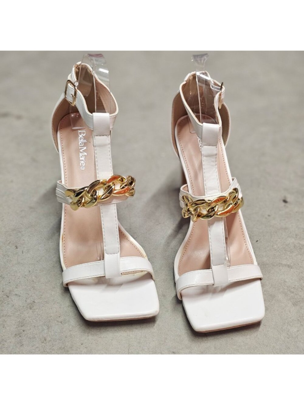White Block Heel Sandals With Gold Chain Accent T-Strap & Adjustable Buckle Clos - Picture 5 of 13